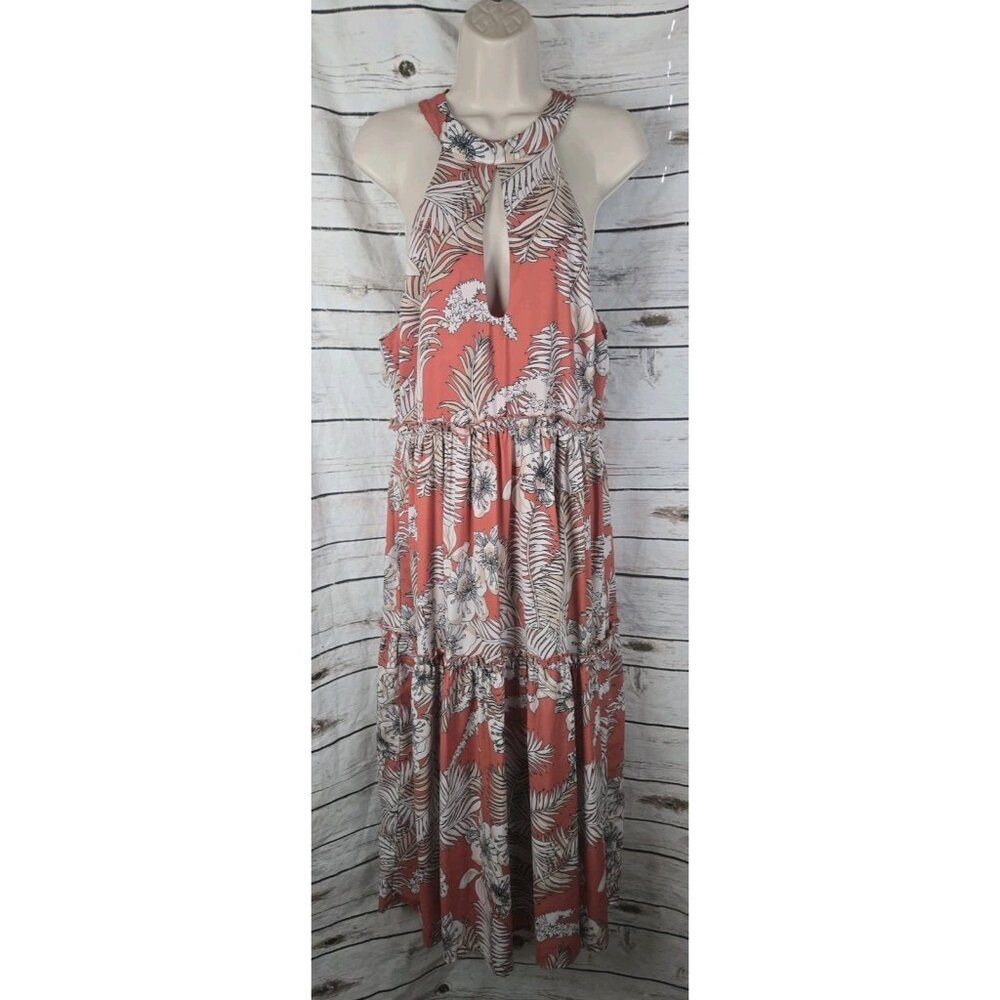 Area Stars Tropical Floral Halter Dress L Ruffle Midi Tiered Terra Cotta